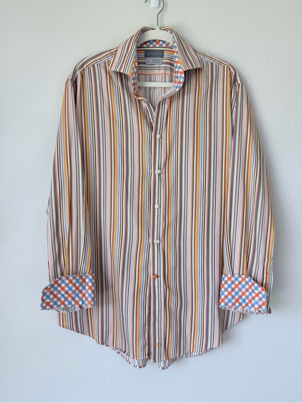 Thomas Dean Striped Button Down Shirt Contrast Check Cuffs Large